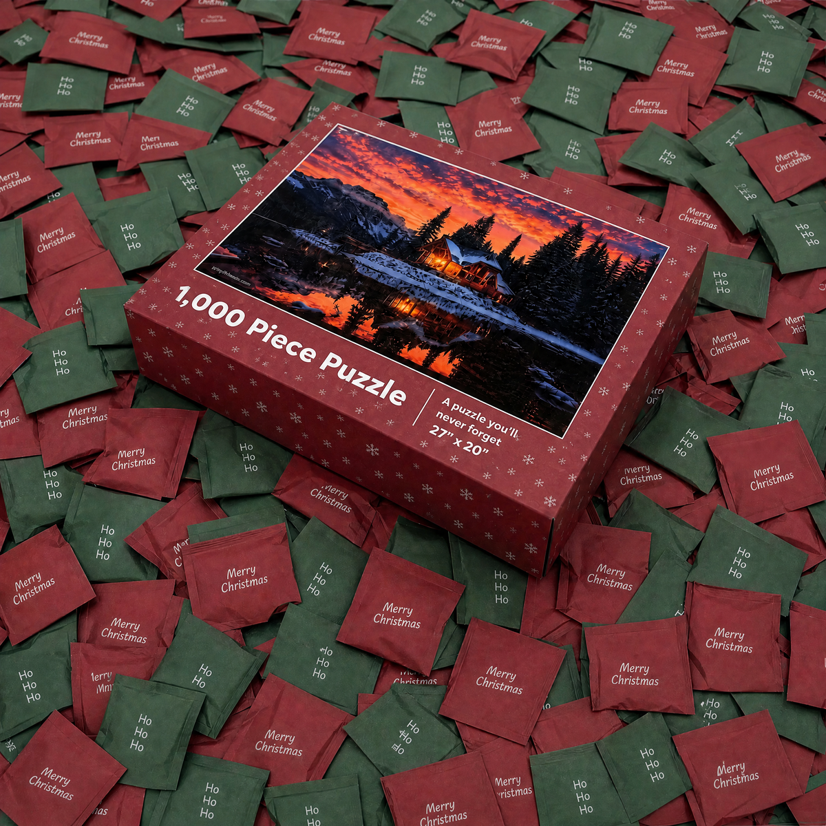 Closed puzzle box on a bed of wrapped pieces
